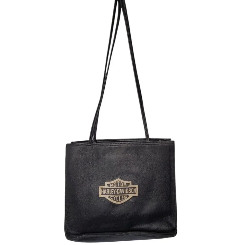 Vintage Harley Davidson Black Embroidered Logo Leather Shoulder Bag Purse Tote - Picture 2 of 16
